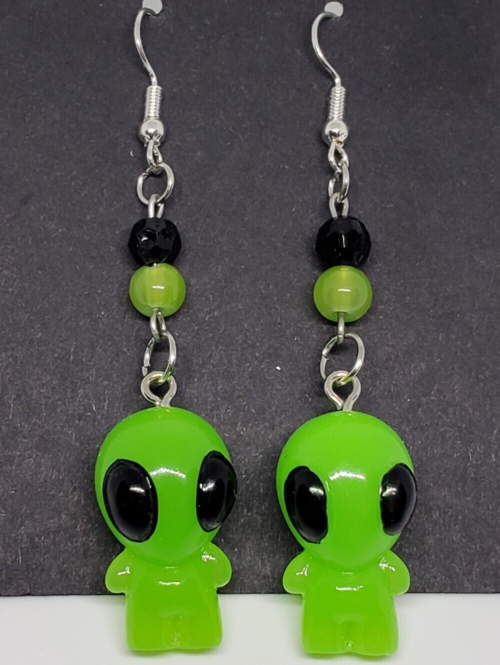 Handmade Neon Green Glass Beaded Resin Alien Earrings